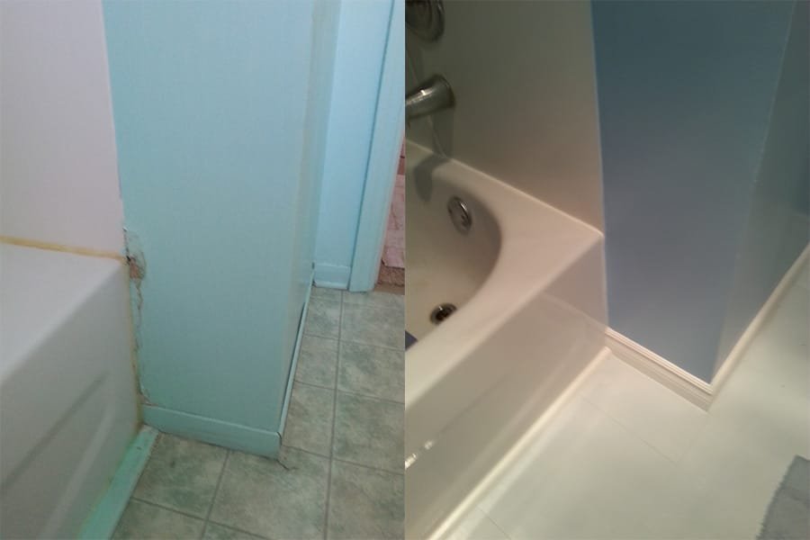 Around tub trim and paint and floor repairs and paint - before and after Around tub trim and paint and floor repairs and paint - before and after